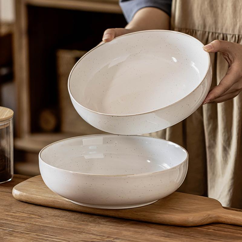 Deep Plate Round Plate Sesame Glaze Plate Retro Style Ceramic Plate Tableware Household Vegetable Plate Fruit Salad Plate