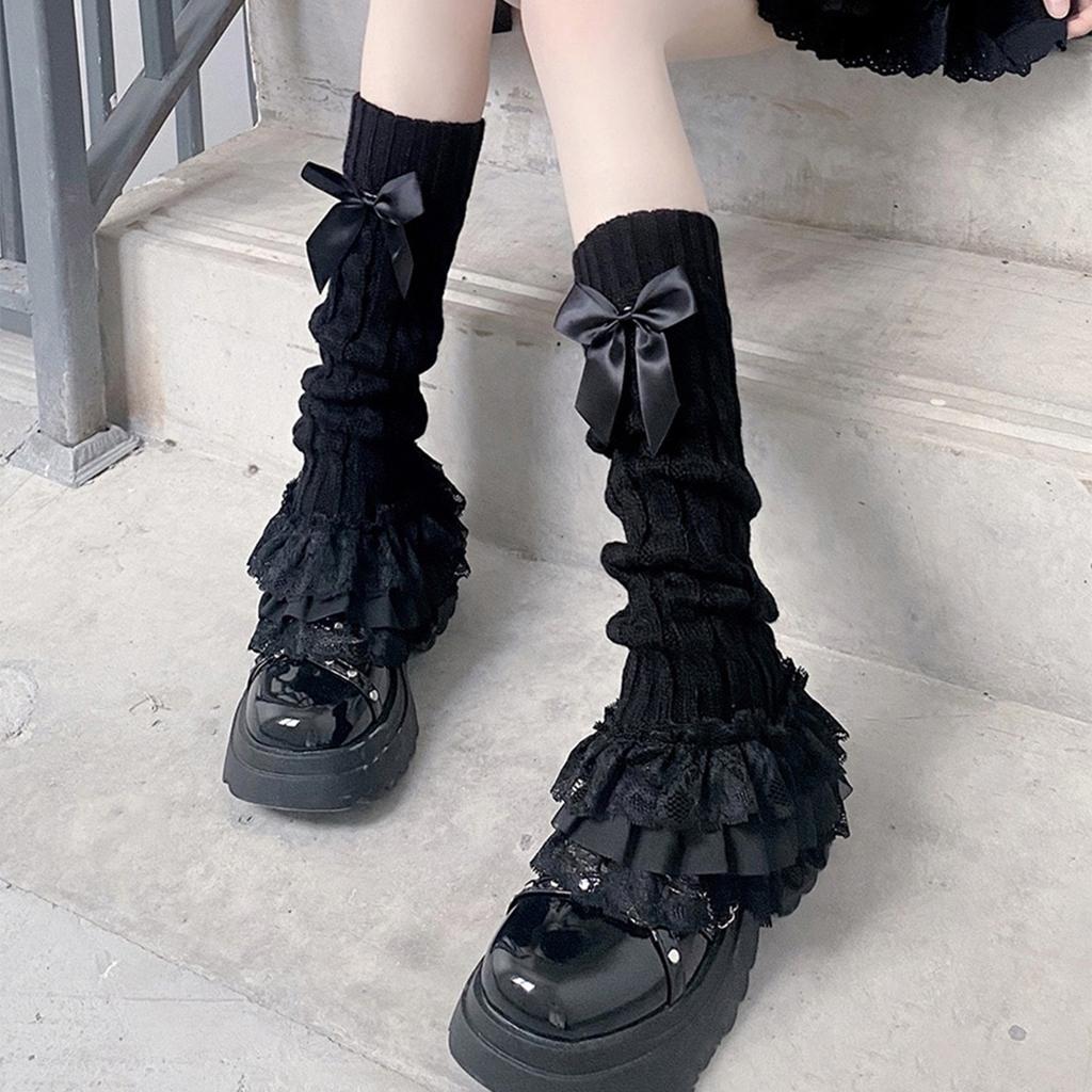 Aesthetic Elegant Layered Ruffle Lace Trim Leg Warmer for Women Cable Knit Leg Sleeve Covers Footless Socks with Bowknot