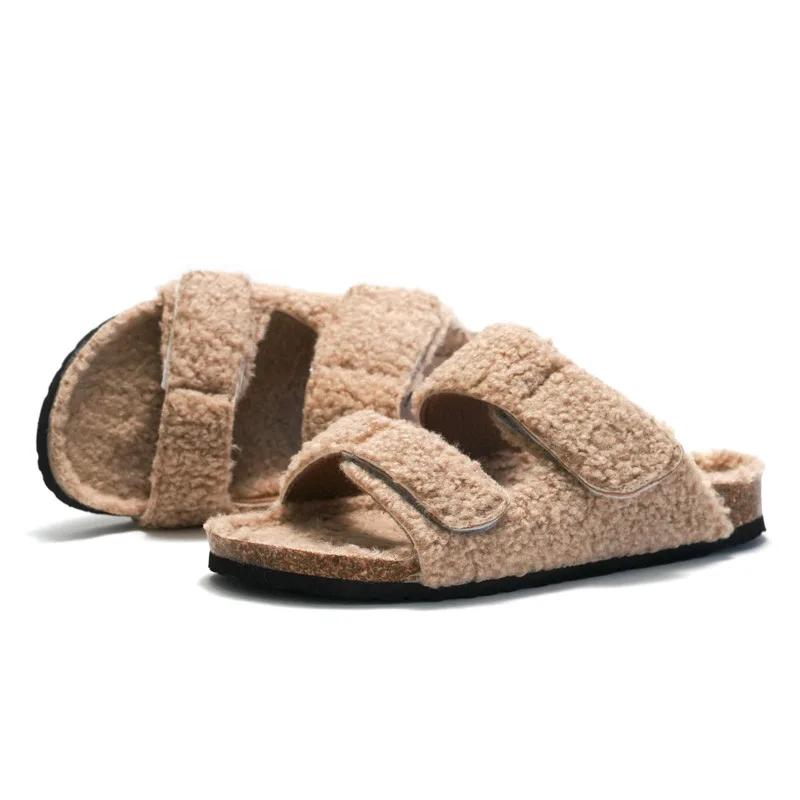 Fashion New Women's Cork Slippers In Autumn and Winter Wear Women's Suede Warm Home Slippers