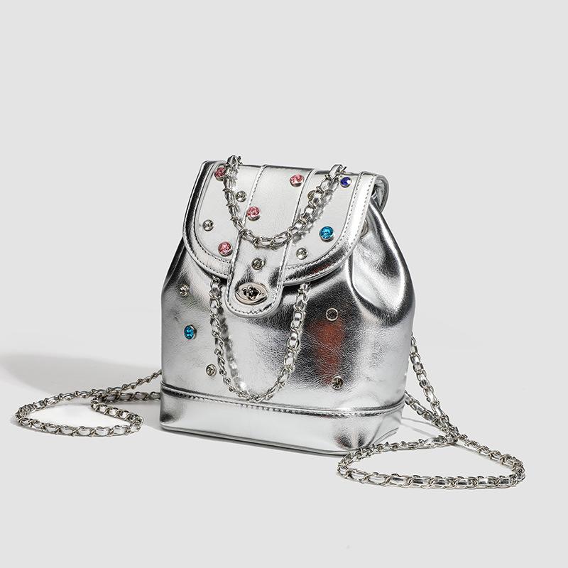 2024 Summer New Niche High-End-Style Chain Backpack Silver Fashion Backpack Rhinestone School Bag
