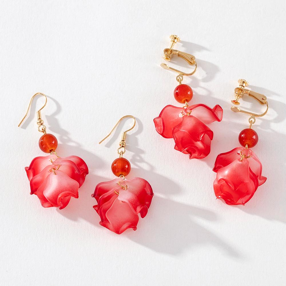 Pinkdudu Modische Schlichte Rote Blume Quastenohrringe Süße Acryllegierung Hängeohrringe für Frauen Schmuckgeschenke PD725