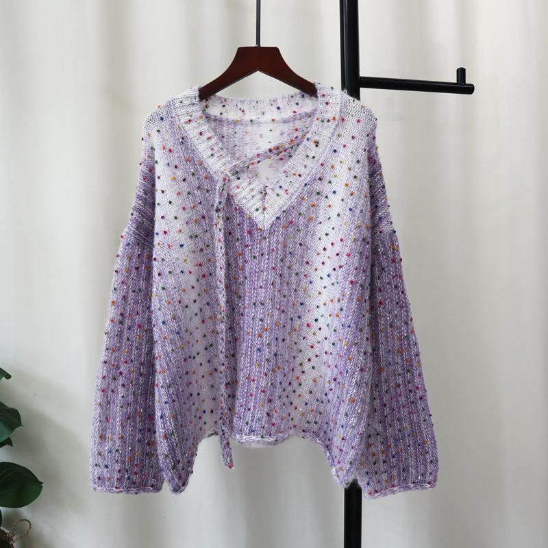 Autumn and Winter New Color Dot Design Knitted Sweater Top Soft Waxy Sequins Loose and Thin Sweater Pullover Women's Clothing