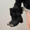 Fashion Vintage Cross Strap Thick Heel Women Motorcycle Boots Fashion Ladies Metal Buckle Pleated Mid Calf Booties