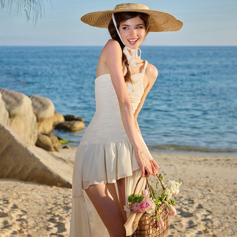 

# Sisjuly# Romantic but Wonderful Super Fairy Pure Desire Mesh Diagonal Collar Sling Dress Women s Asymmetrical Elegant Dress White L