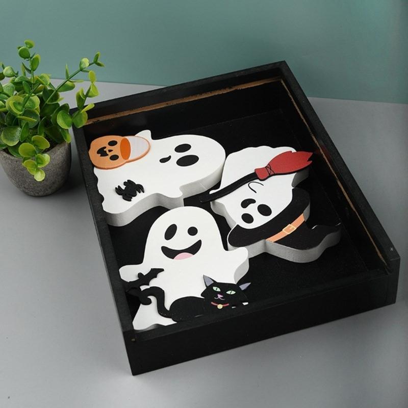 Set Of 3 Halloween Wood Specters Figures Ornament Table Signs for Tiered Tray and Shelf Decoration Desktop Adorment