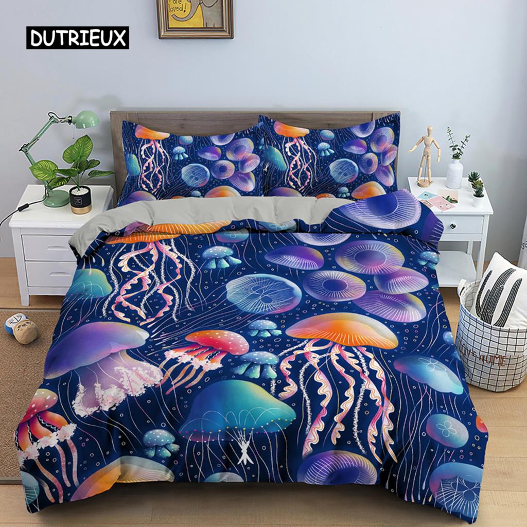 Jellyfish Duvet Cover Set Queen Size Ocean Animal Print Bedding Set Microfiber The Underwater World Quilt Cover For Boys Girls