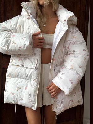 Chaqueta de Plumón para Mujer de Talla Grande con Cuello Alto y Bolsillo Grande Chaqueta de Invierno Cálida y a la Moda para Mujer Chaqueta de Plumón Estampada con Capucha para Mujer 2025