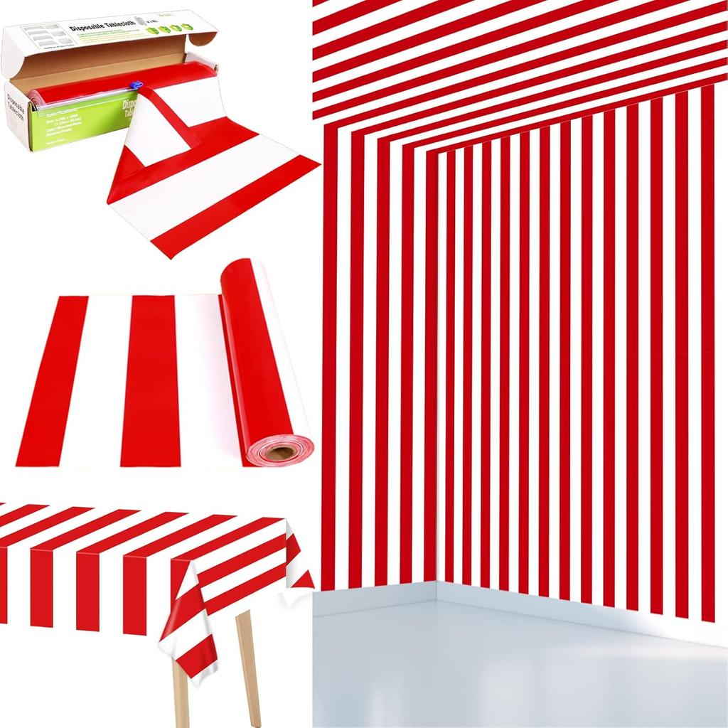 Red and White Striped Tablecloth Roll 52 in x 100 Ft with Slide Cutter Circus Carnival Party Supplies Halloween Christmas Plastic Picnic Table Cover