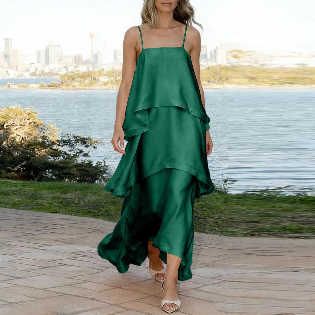 Women's Satin Slip Dress Layered Tiered Ruffle Hem Sleeveless Loose Fit Vacation Midi Dress with Adjustable Straps