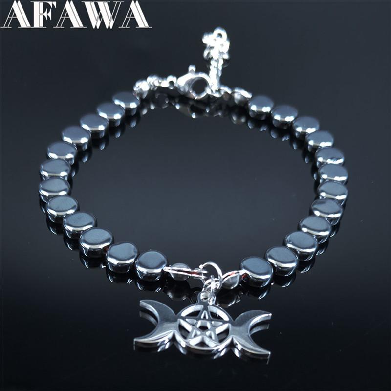 Witchcraft Pentagram Stainless Steel Triple Moon Goddess Bracelet Women Silver Color Bracelets Bangles Jewelry Bijoux B1729S02
