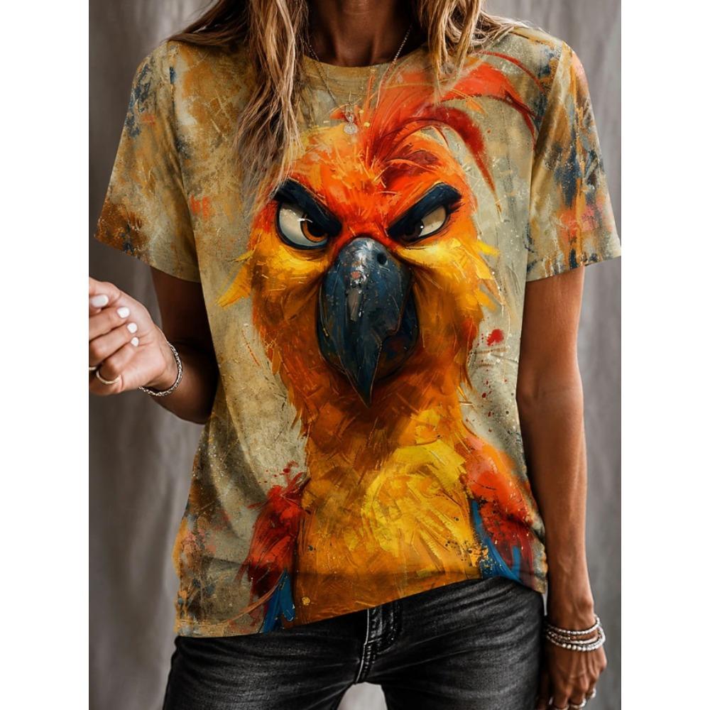 Fashion Women Retro Creative Oil Painting Parrot Print T Shirt Funny Casual O-neck Short Sleeves T-shirt Summer Female Tee Shirt
