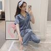 Solid color ice silk pajamas women's long-sleeved cardigan simulation silk spring summer loungewear women's autumn suit breathable