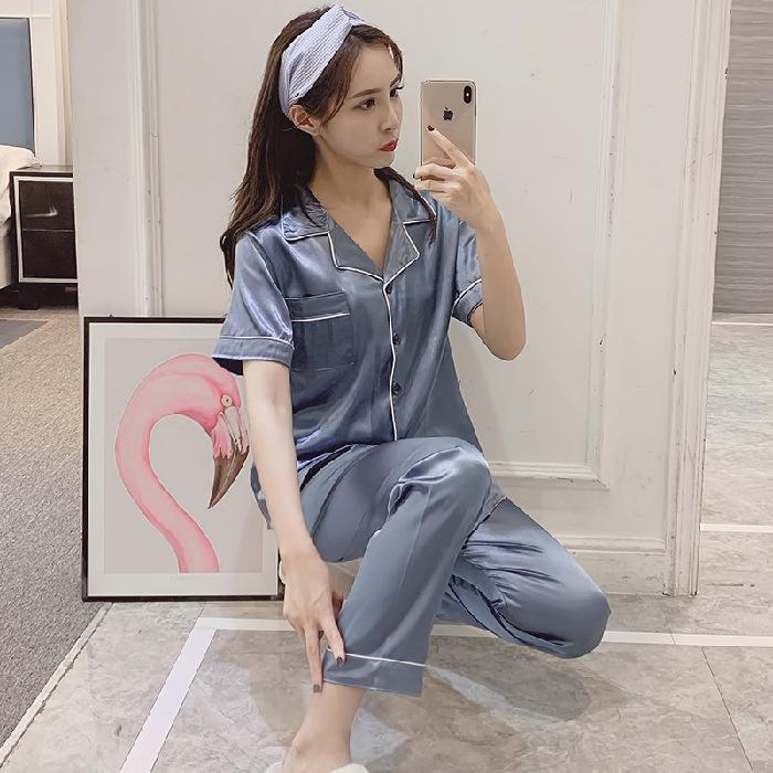 Solid color ice silk pajamas women's long-sleeved cardigan simulation silk spring summer loungewear women's autumn suit breathable