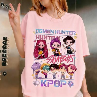 Summer 2026 Kpop Saja Devil Hunter Pattern Women's Short Sleeved T-shirt Street Wear Casual Anime Cartoon Printed Top