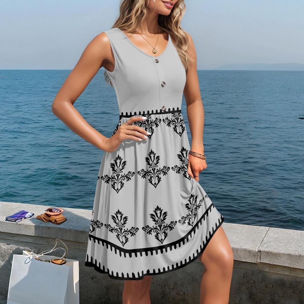 Damen Lässige Ärmellose Sommerkleider Frühling Rundhals Patchwork Boho Floral Cocktailparty Kleid