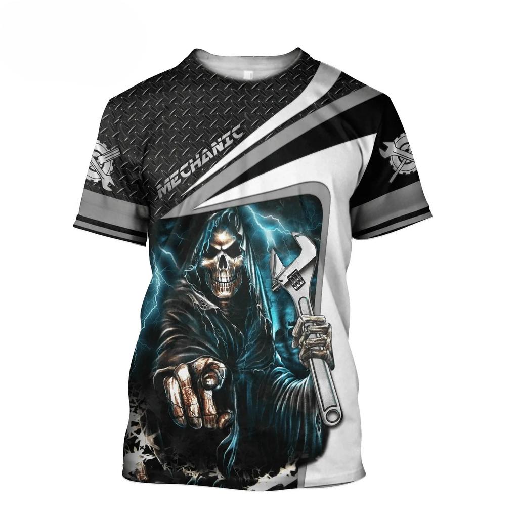 Letnie T-shirty męskie z okrągłym dekoltem, z nadrukiem 3D wzoru mechanicznej czaszki, modne, codzienne, z krótkim rękawem