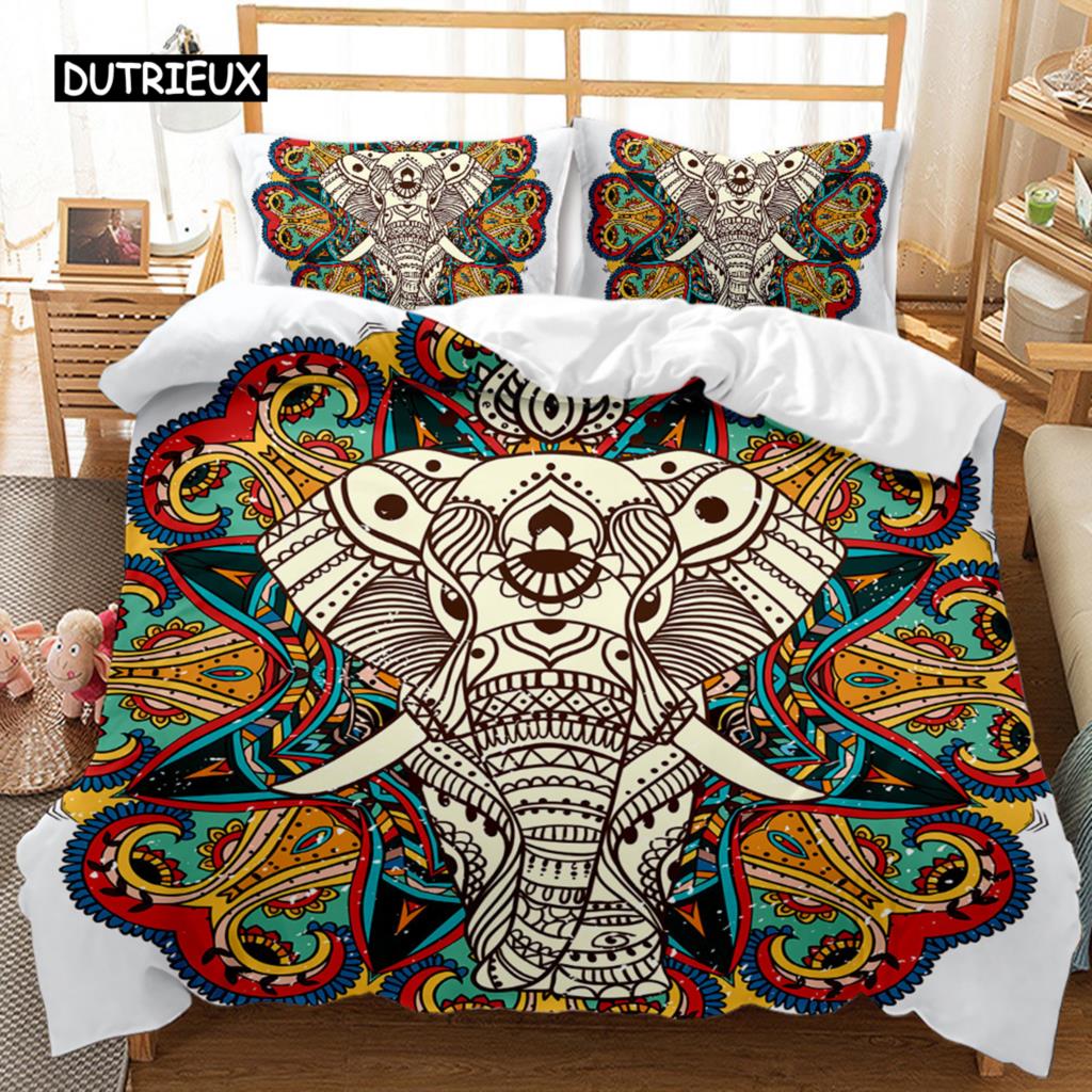 Set de husă de pilota cu elefant boem, model de mandala elefant, set de lenjerie de pat cu animale pentru adolescenți, adulți, regina rege, husă de pilota din poliester