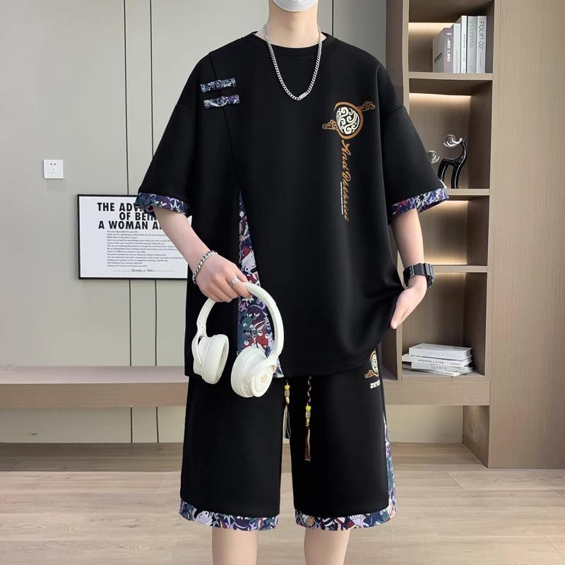 Men's Short Sleeve Graphic Print Side Stripe T-Shirt and Drawstring Shorts Lounge Set Beige