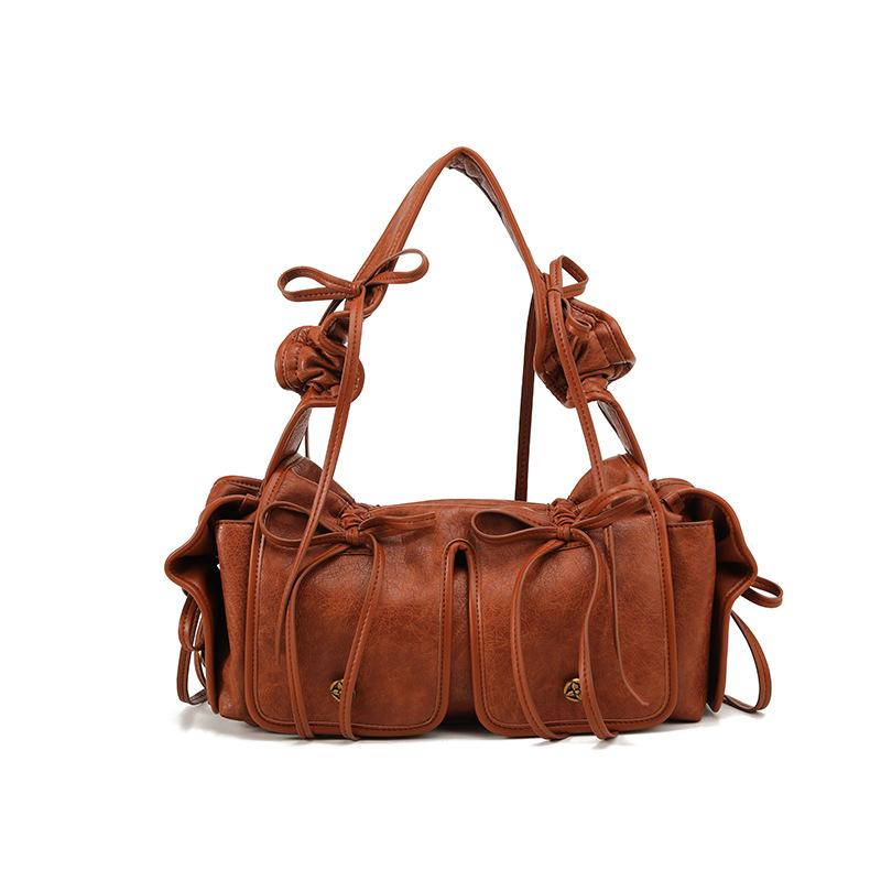 Retro Versatile Multi Pocket Lace Up Pleated Handbag, Shoulder Bag, Large Capacity Handbag 27-11-15