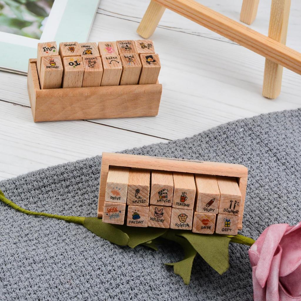 WANDIC Rubber 24 2 Styles Mini Wooden Rubber Stamps with Diary Wooden Stamps for DIY Card and Scrapbooking and Stamps, Pieces, Crafts, Making, (Travel