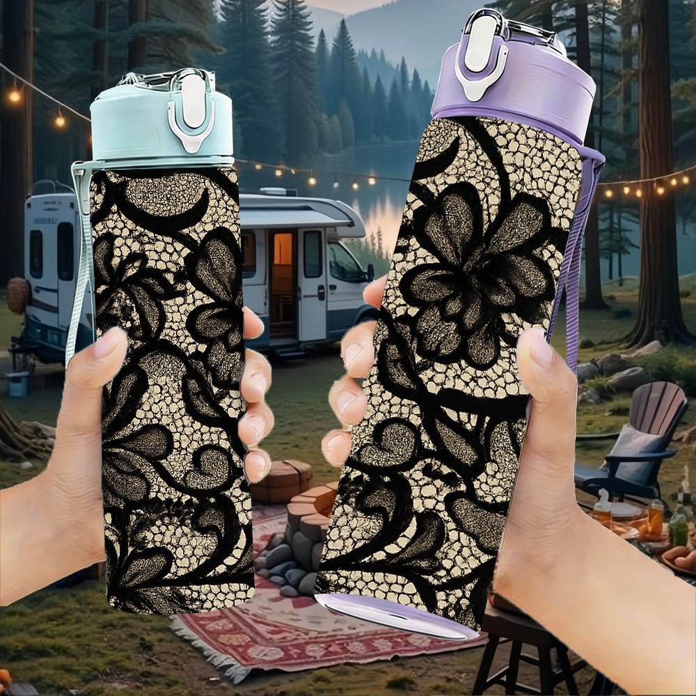 1PC Black Lace Vintage Texture Print 750ml Color Plastic Sports Water Bottle Leakproof Flip Straw Lid Suitable for Sports Office Home Use