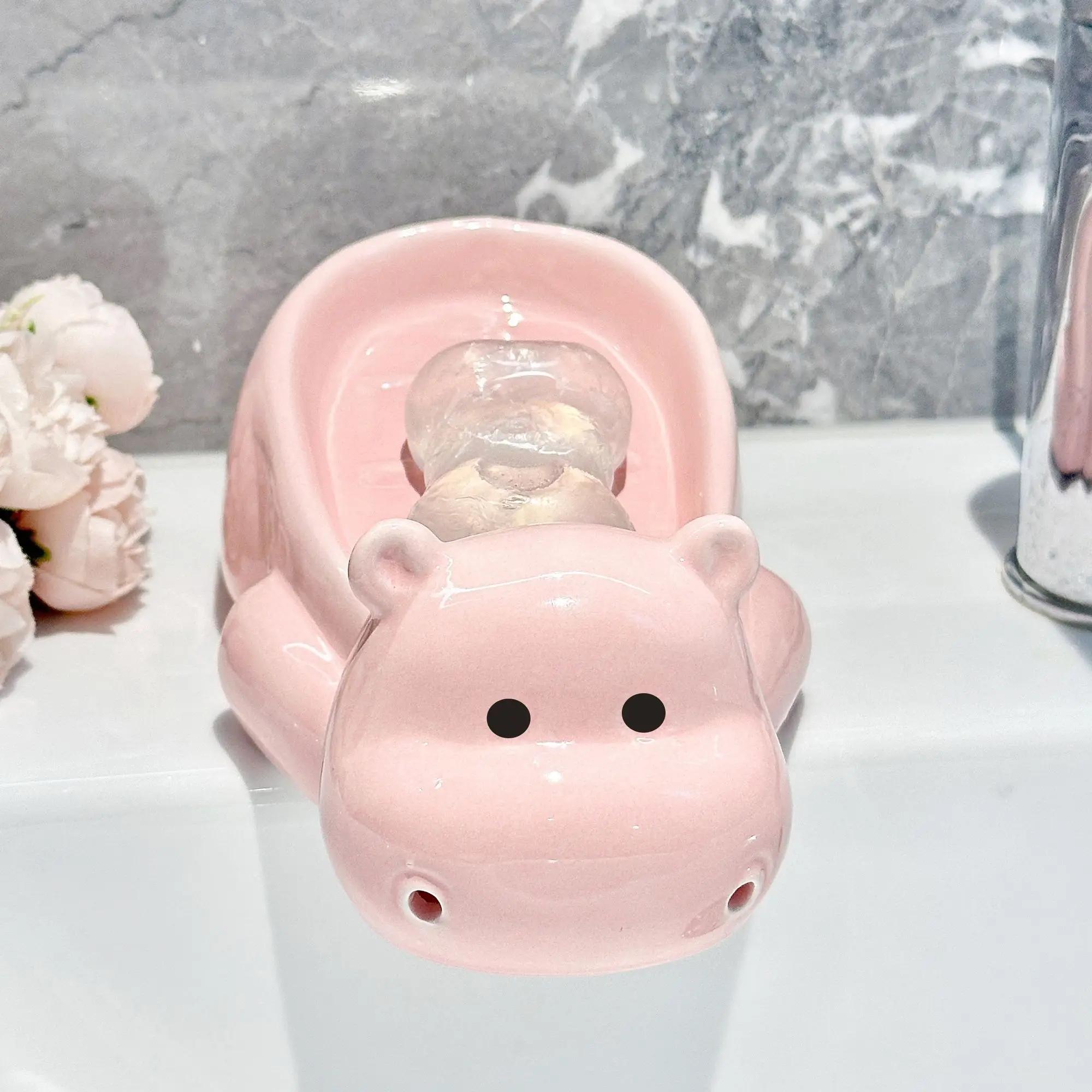 Мыльница в виде мультяшного бегемота, водонепроницаемая, влагостойкая, украшение для дома, креативная, милая, керамическая, бездырокол, мыльница для раковины розовый