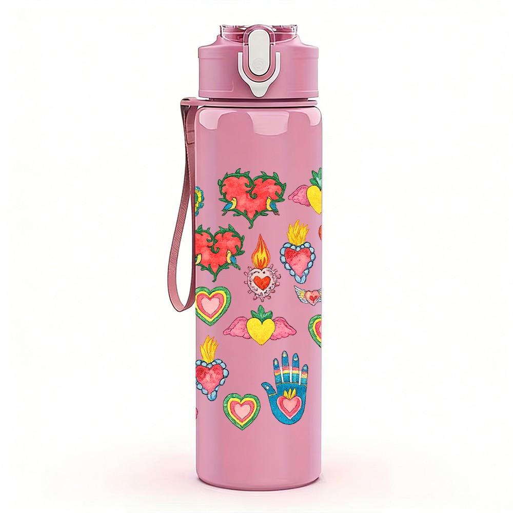 1PC Vibrant Mixed Floral Bouquet Print 750ml Color Plastic Sports Water Bottle Leakproof Flip Straw Lid Suitable for Sports Office Home Use