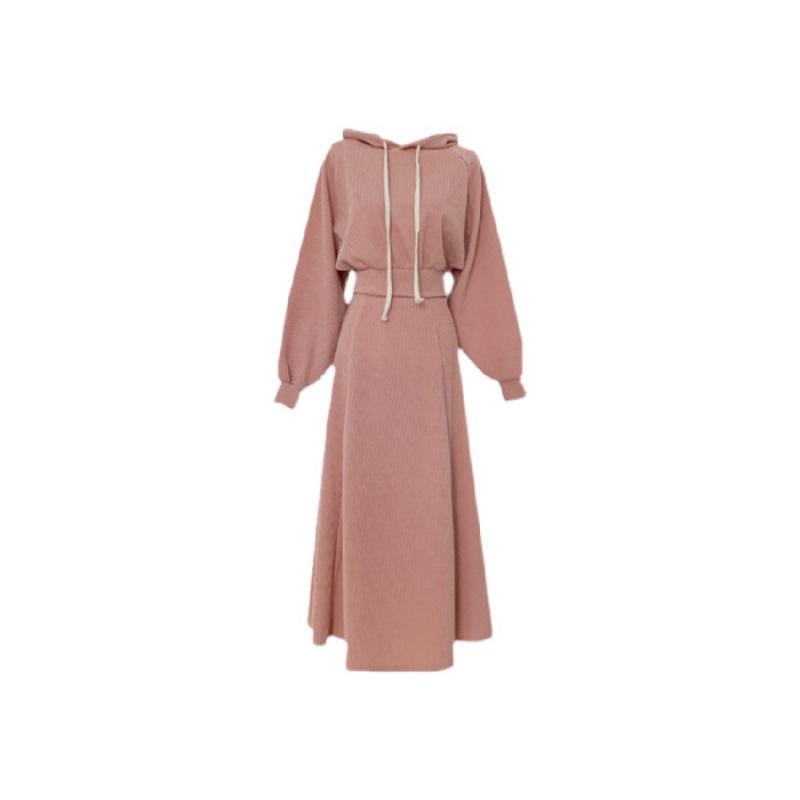 Conjunto de Duas Peças: Moletom com Capuz Rosa e Saia Evasê de Cintura Alta para Primavera e Outono