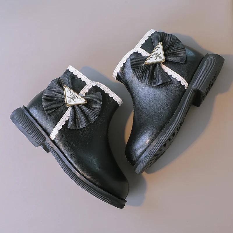 Kids Casual Boots for Girls Bow Lace Solid Color Sewing Cute 2024 Spring Autumn New Children Fashion Short Boots Princess Shoes