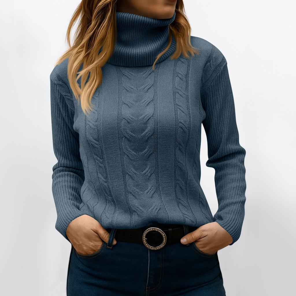 Women's Fashionable Solid Color High Neck Long Sleeved Sweater Pullover Sweater Top