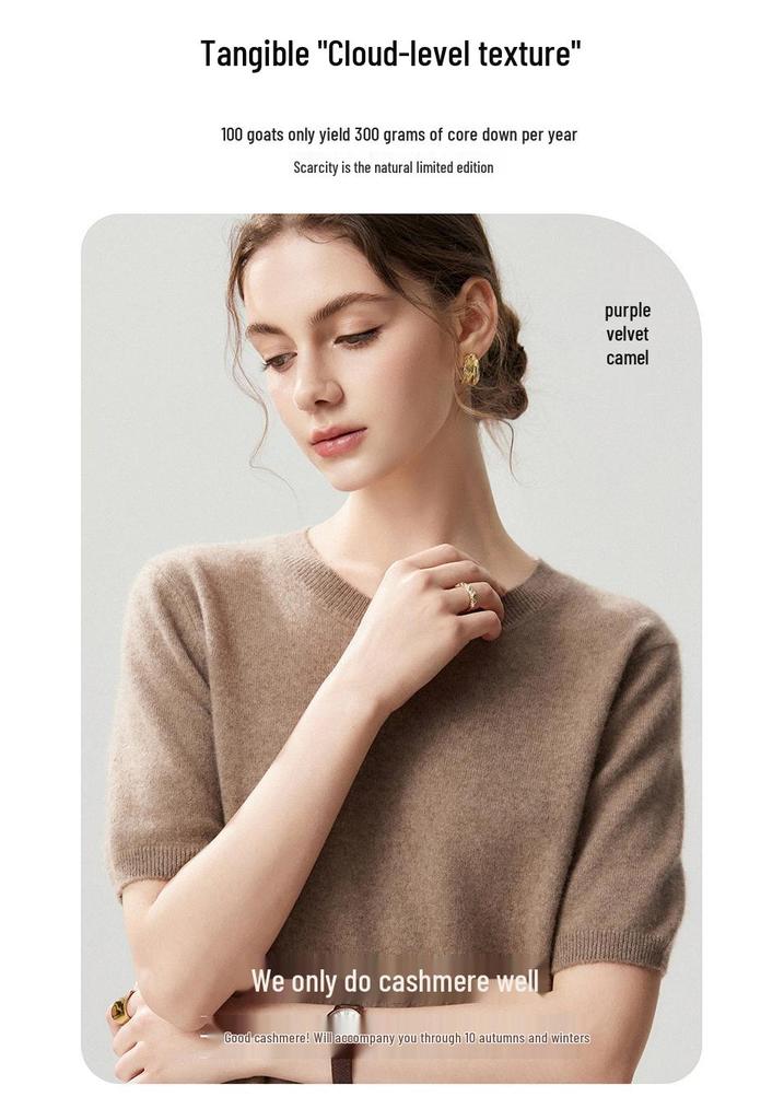 Top a strati da donna Lekasha in cashmere a maniche corte con scollo rotondo