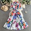 French Wear Temperament Printed Lapel Shirt Dress Women's Summer Vacation Style Strap Waist Skinny Long Dress