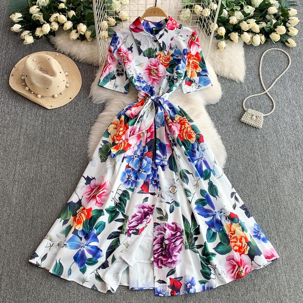 French Wear Temperament Printed Lapel Shirt Dress Women's Summer Vacation Style Strap Waist Skinny Long Dress