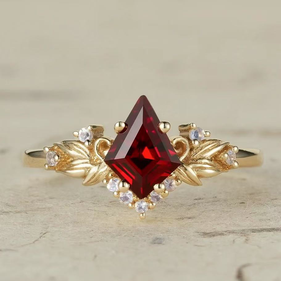 Attractive Gold Color Inlaid with White Red Stone Rings Square Party Engagement Wedding Rings for Women Jewelry