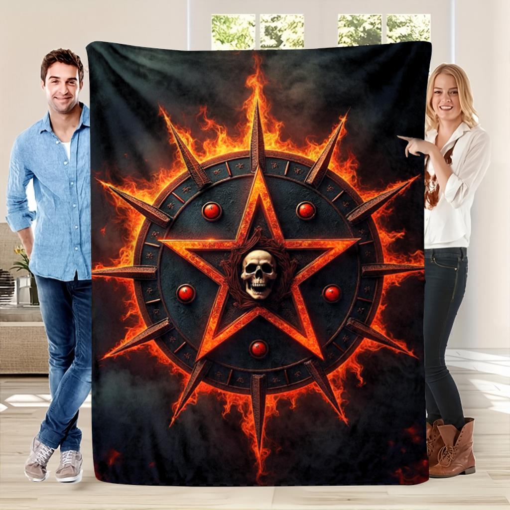 

Skeleton fivepointed star flame pattern Flannel printed blanket suitable for all seasons for living room office sofa and travel 75x100cm