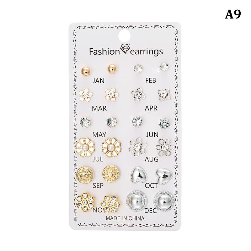 

12 пар комбинированных сережек-гвоздиков, комплект из искусственного жемчуга, цветка, сердца, звезды, маленькие серьги для женщин, смешанный стиль, украшения на месяц