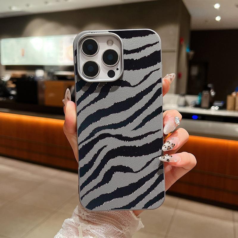Zebra-Print Shockproof Soft Case For iPhone 16 Pro Max 15 Pro 14 Plus 13 12 11 Lens Protection Matte Leather Texture TPU Slim Phone Cover