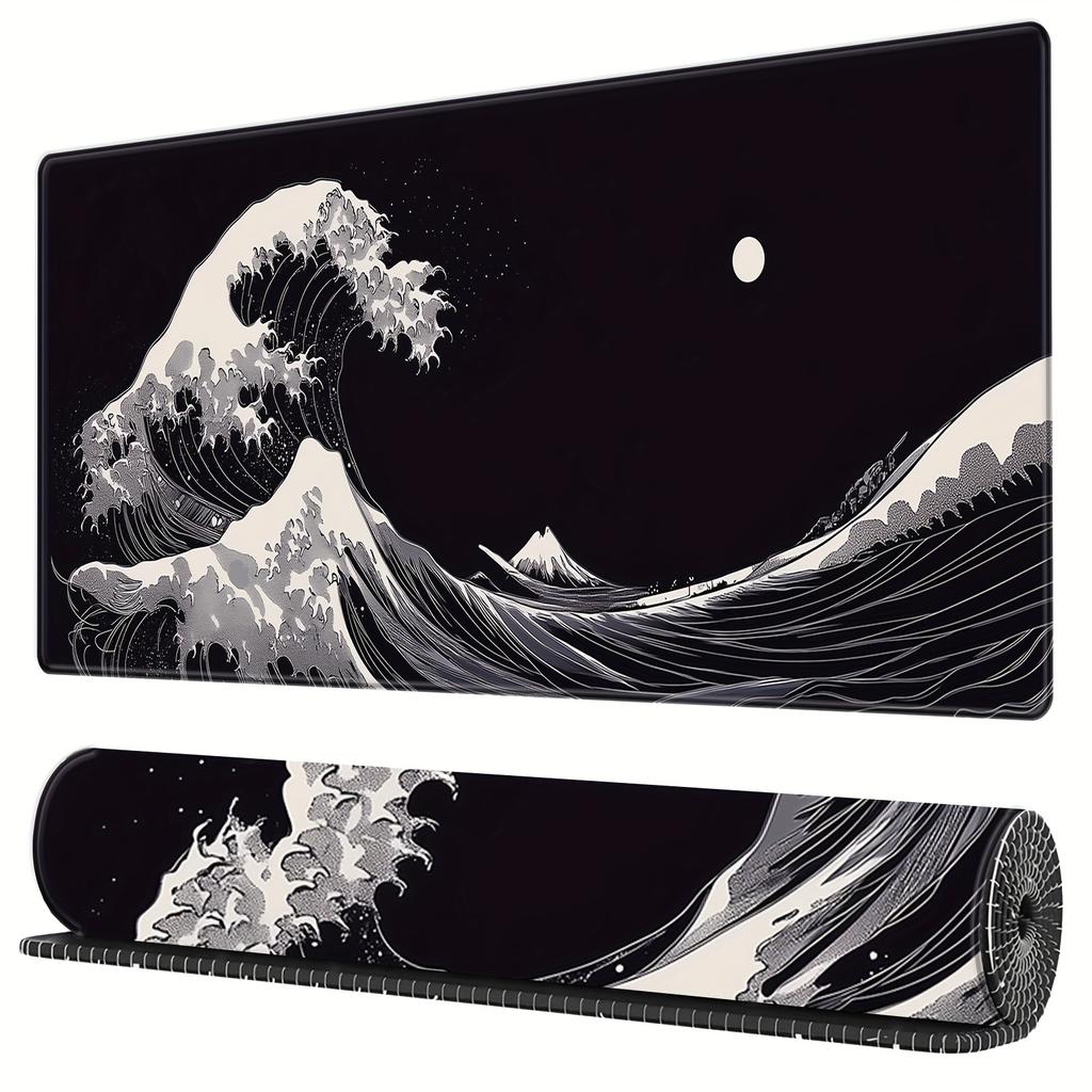 XXL Large Black Wave Design Desk Mat Anti-Slip Rubber Mouse Pad Keyboard Pad for Computer Work Gaming Black Desk Accessories