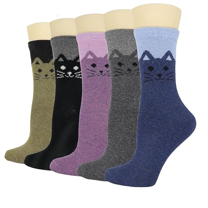 

[EOMECUIGAO] socks ladies 5 pairs cute cat winter warm socks cute Thick warm wool Cold protection Windproof (cat with big face)