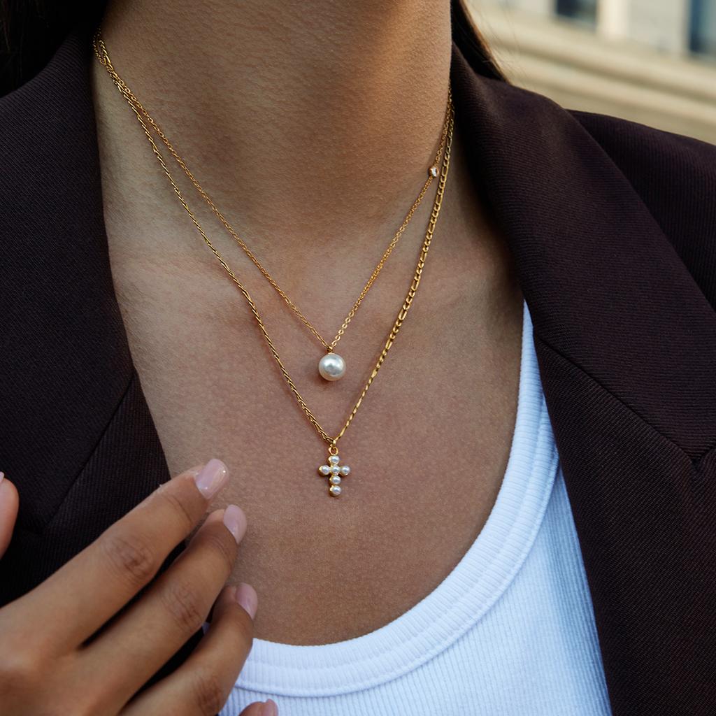 Yori Glass Pearl Geometric Pendant Necklace 18K Gold PVD Plated Popular Daily Classy Waterproof Jewelry Gift Accessory