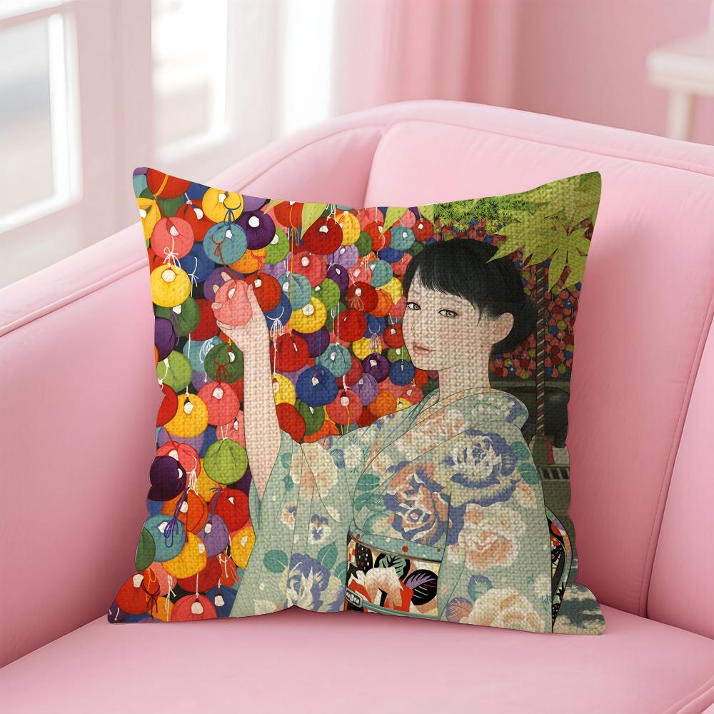 Kimono Girl Japanese Style Cushion Cover Natural Linen Pillow Case DoubleSided Print Decorative Sofa Pillowcase Home Decor Gift