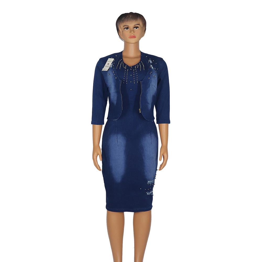 

Африканский ковбойский эластичный костюм с юбкой: Хлопок ручной работы с эффектом потертости, с серебристыми заклепками и бусинами, включает куртку. L синий