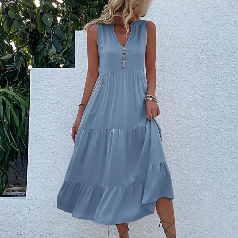 Robe débardeur d'été pour femmes, sans manches, plissée, ample, col en v, robes mi-longues
