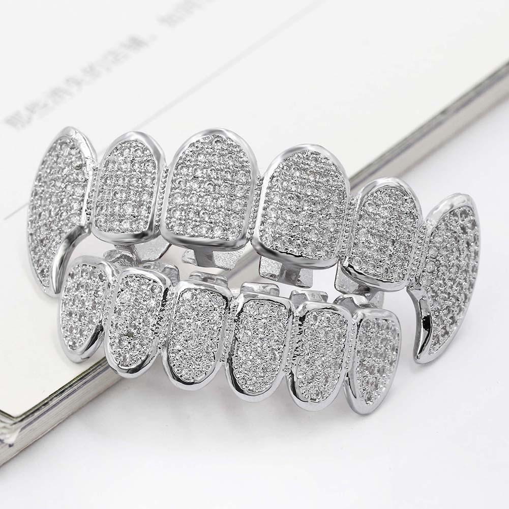 Hop Inset Zircon Teeth Fangs Brass Grillz Top Bottom As Body Jewelry