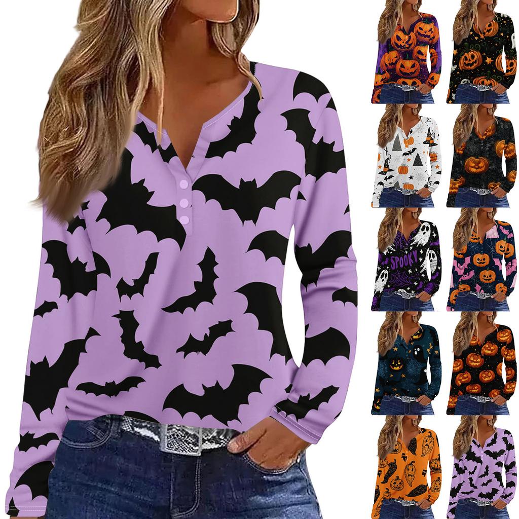 Women's Long Sleeve V Neck T Shirt Halloween Print Button Detail Casual Top Lightweight Soft Fabric Comfortable Fit