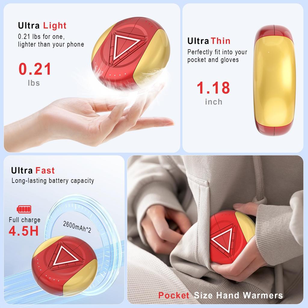 2 Pack Hand Warmers Rechargeable Portable Hand Warmer USB 2 In 1 5200mAh Portable Electric Hand Warmers Heat Therapy  Women Mens