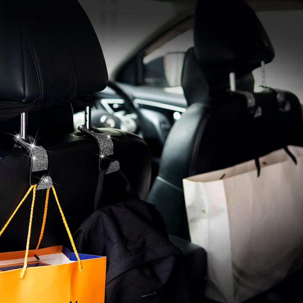 Car Purse Hook Bling Car Headrest Hook For Women Girls, 4 Packs Auto Back Seat Hangers Rear Headrest Hook For Purse, Bag, Handbag, Grocery (Silver)