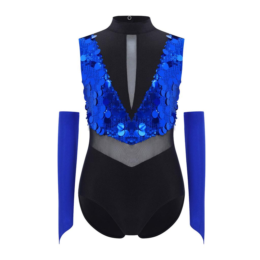 Girls Performance Leotard Mock Neck Sleeveless Cutout Back Sparkling Sequins Color Block Outfit