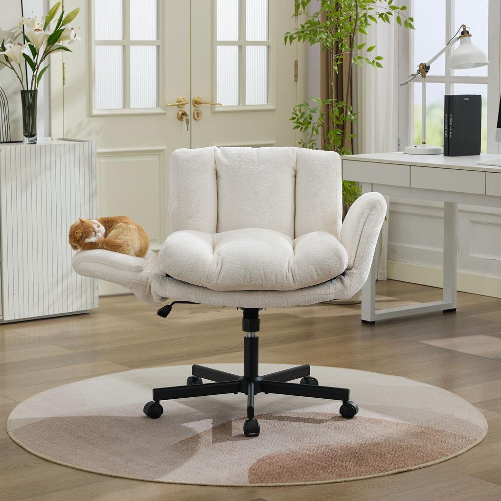 Moderner Chenille Drehstuhl für das Büro, Höhenverstellbare umwandelbare Armlehnen, Schreibtischstuhl für Zuhause, Arbeitszimmer, Schminktisch & Wohnzimmer, Creme / Beige, DE5028BG