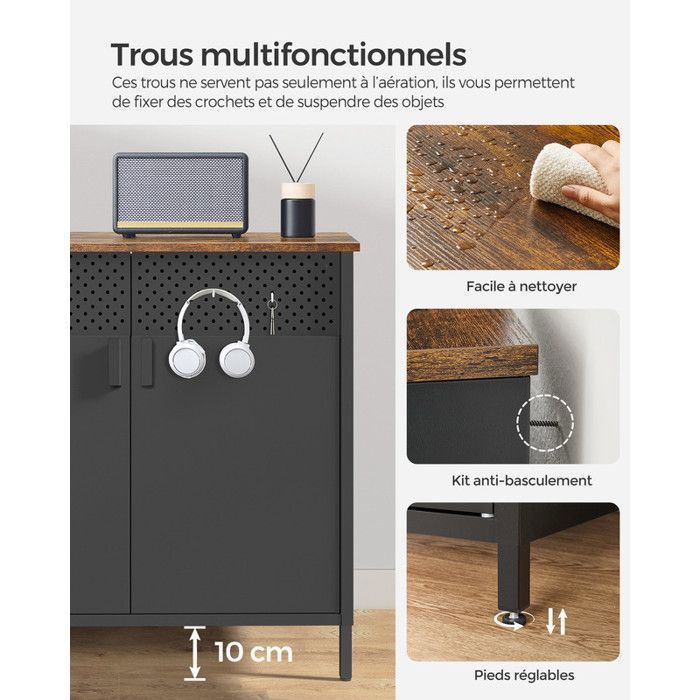 SONGMICS Credenza, Metallo, Doppia Porta, Chiusura Magnetica, Struttura in Acciaio, 40 x 80 x 76 cm, Marrone Rustico e Nero